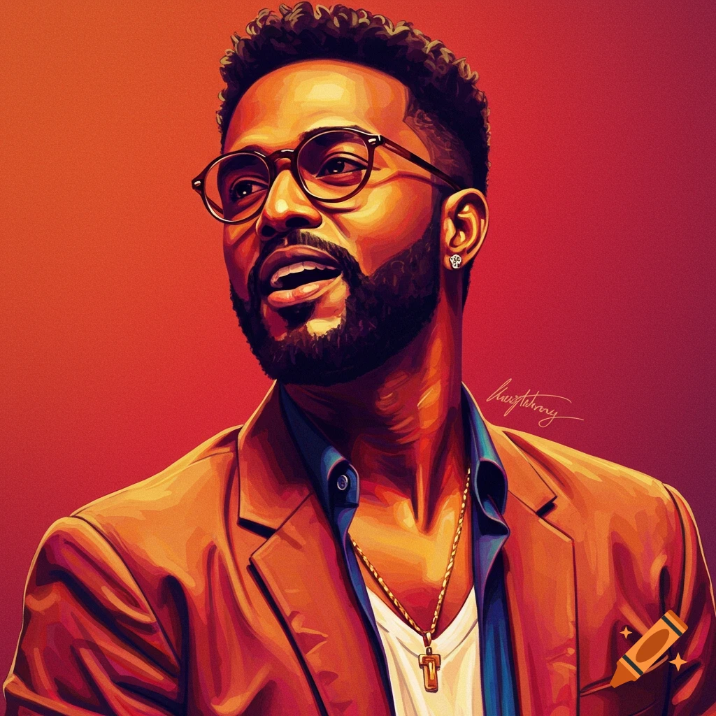 Stylized portrait of a man with glasses and a beard looking upwards.
