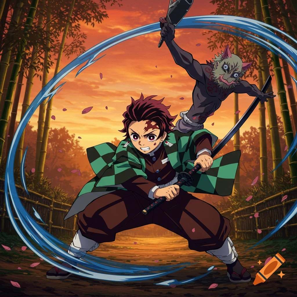 Anime characters Tanjiro and Inosuke fighting with swords in a bamboo forest at sunset.