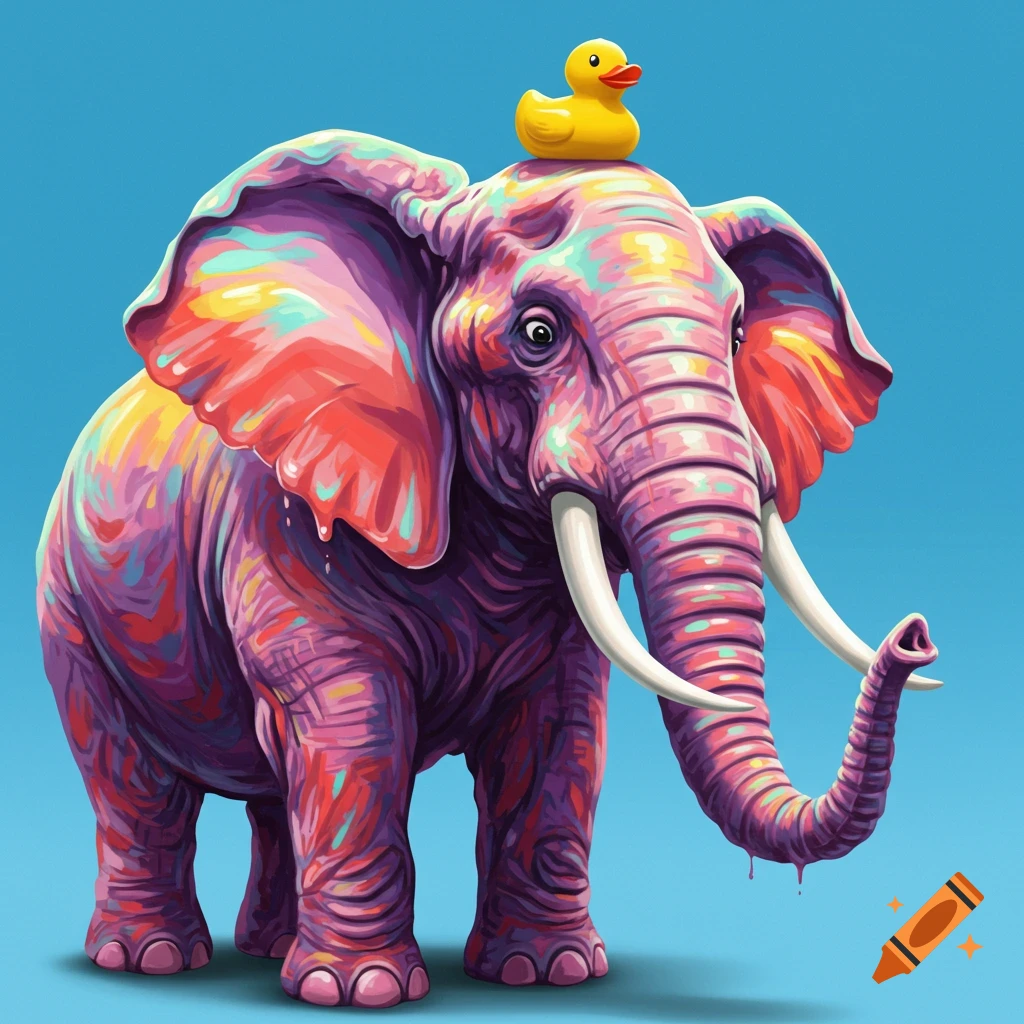 Colorful image of an elephant with a rubber duck on its head.