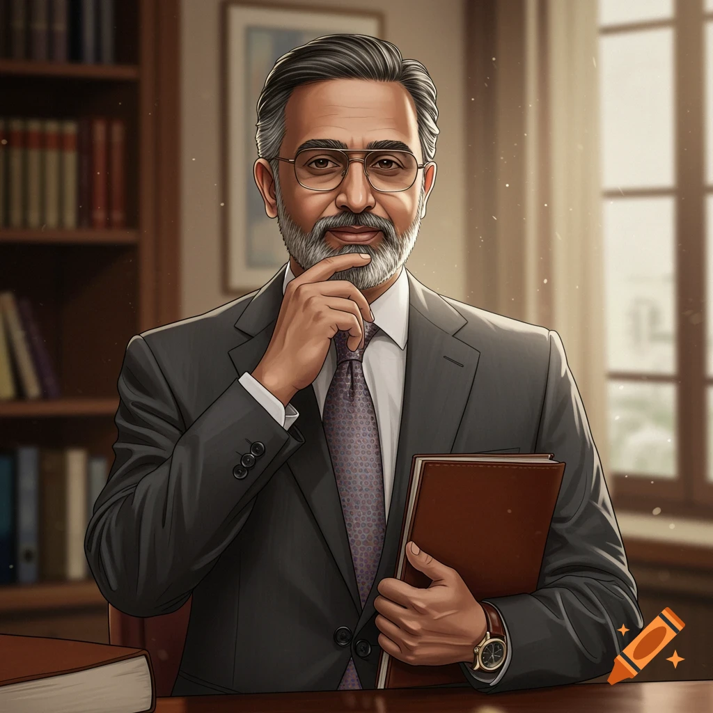 A man in a suit holds a book in an office, looking thoughtful.