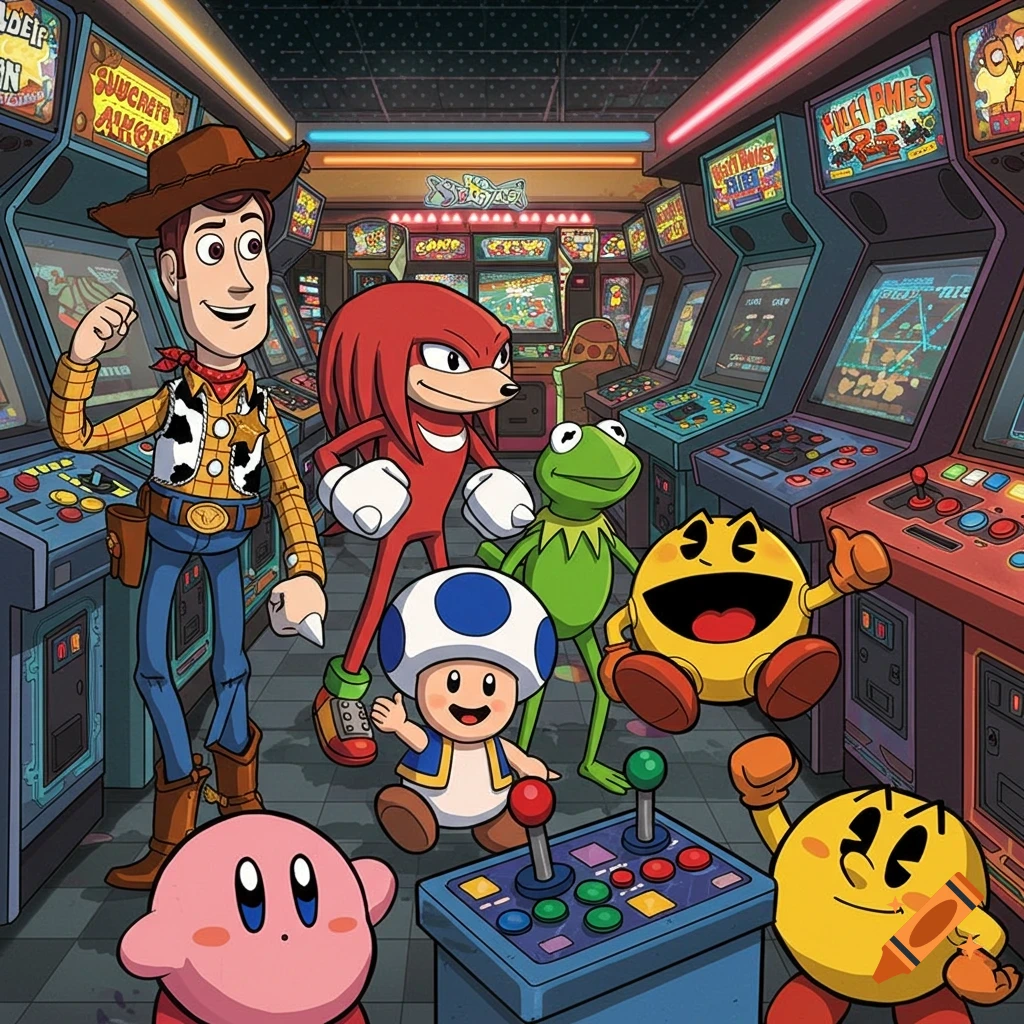 Woody, Knuckles, Kermit, Toad, Kirby, and Pac-Man in a colorful arcade.