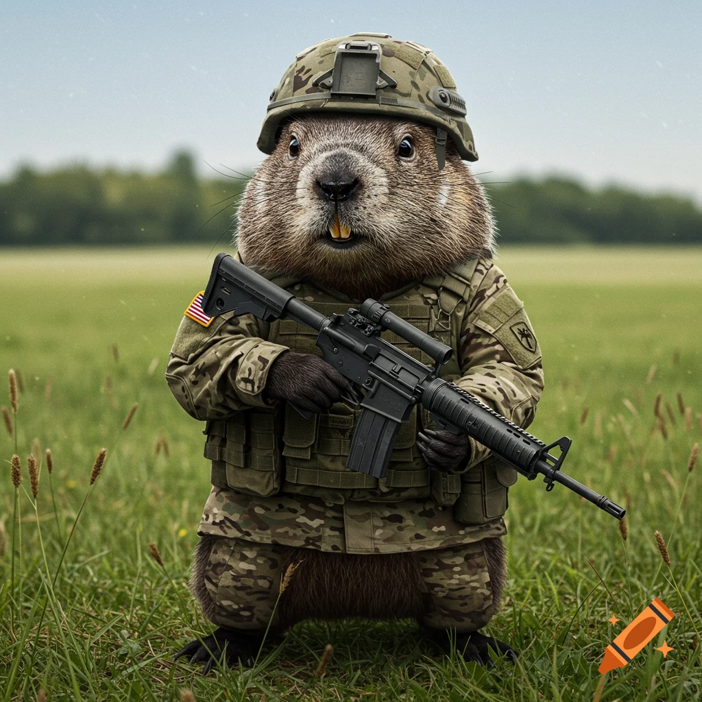 A groundhog wearing military fatigues, helmet, and holding a rifle stands in a grassy field. Realistic style.