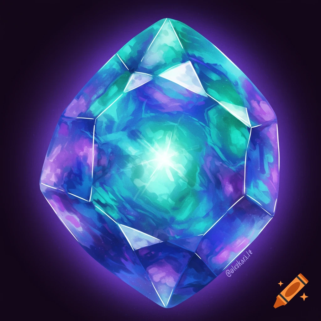 A vibrant faceted blue, green, and purple gem with a glowing center.