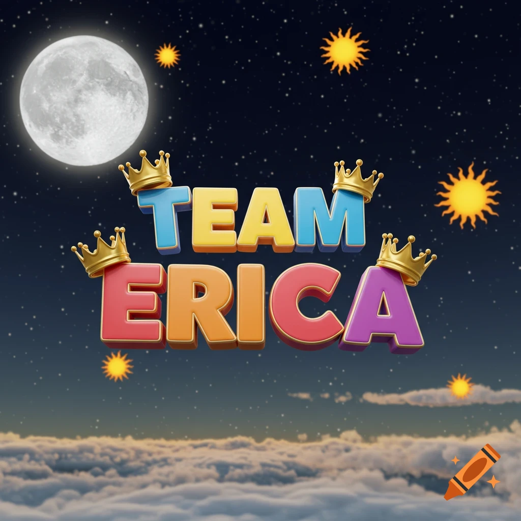 3D bubble letters spell 'TEAM ERICA' with crowns, set against a night sky with a full moon, stars, suns, and clouds below.