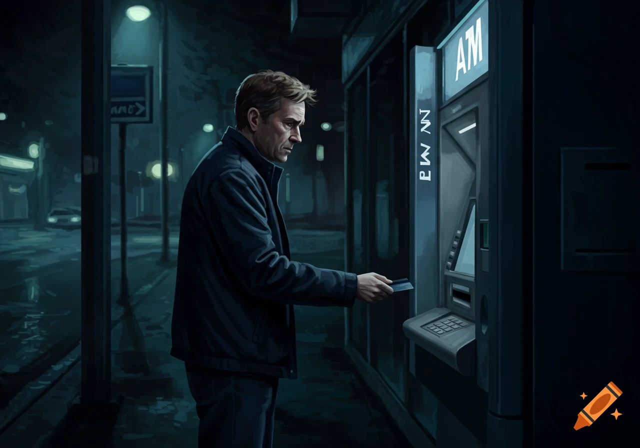 A man is inserting a card into an ATM on a dark street.