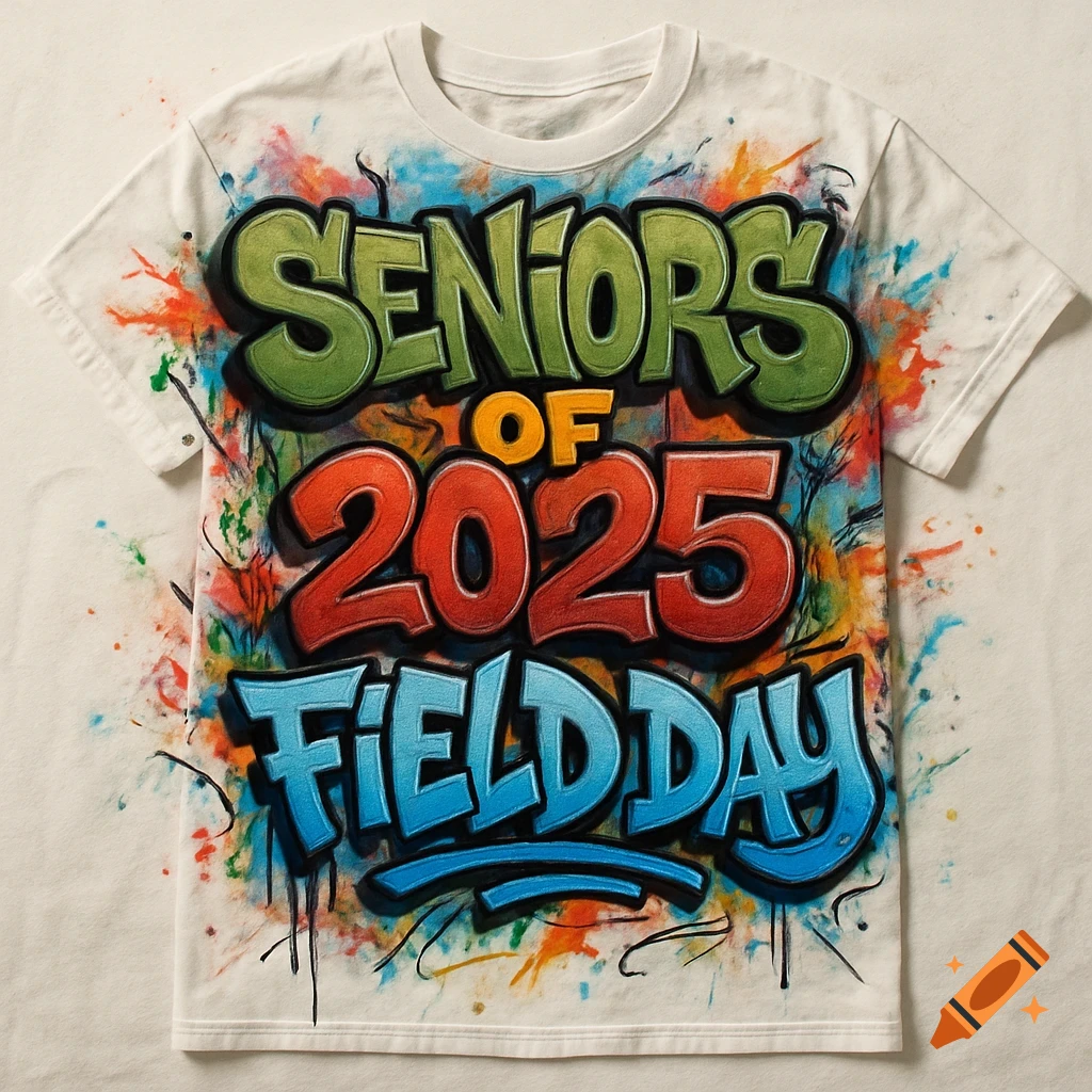 A white t-shirt with a colorful graffiti airbrush design reading "SENIORS OF 2025 FIELD DAY".