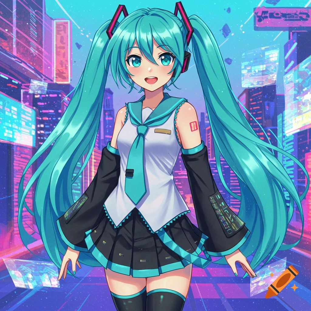 An anime character with long blue pigtails in a futuristic city.