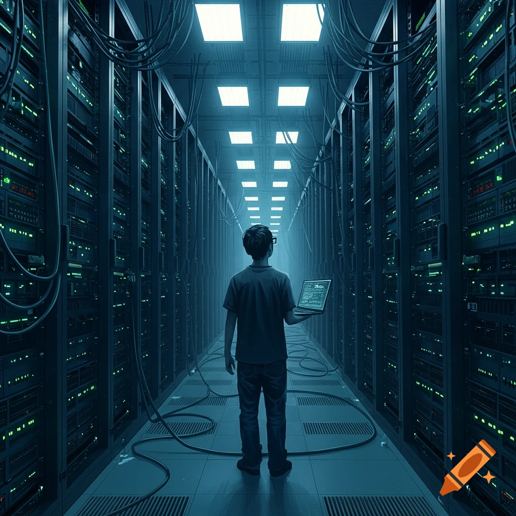 A person is holding a laptop in a large server room.
