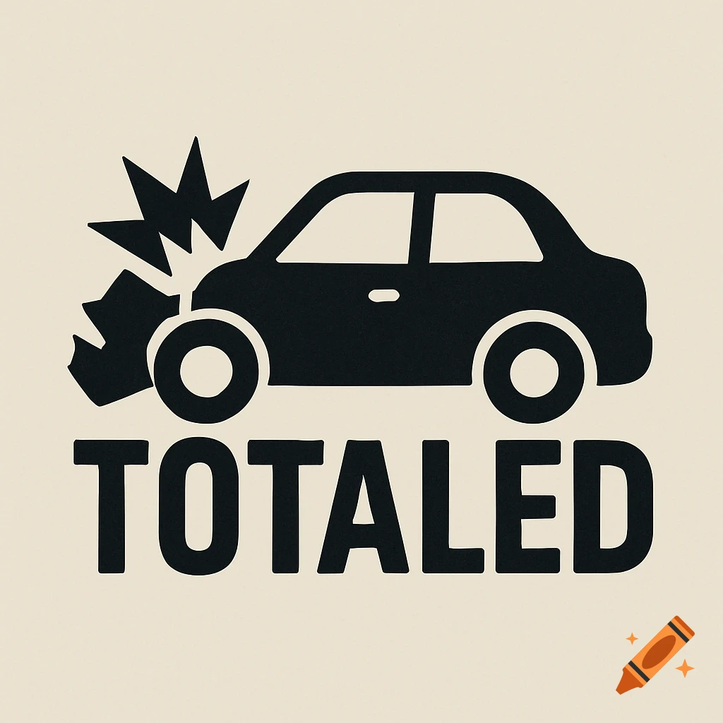 Stylized black logo of a crashed car above the word TOTALED