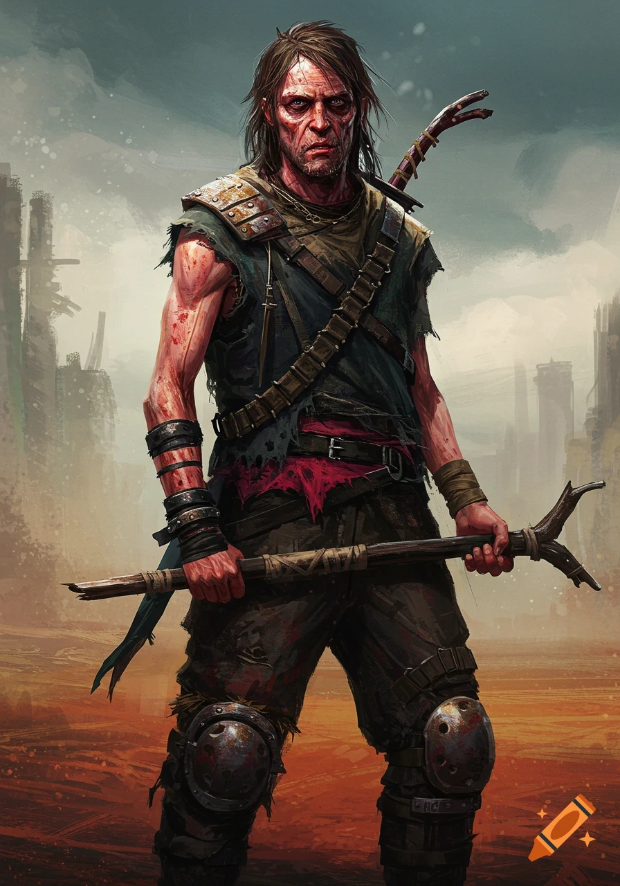 Rugged man in post-apocalyptic gear holds staff in wasteland.