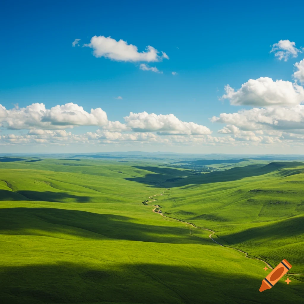 A winding river flows through green rolling hills under a blue sky with scattered clouds.