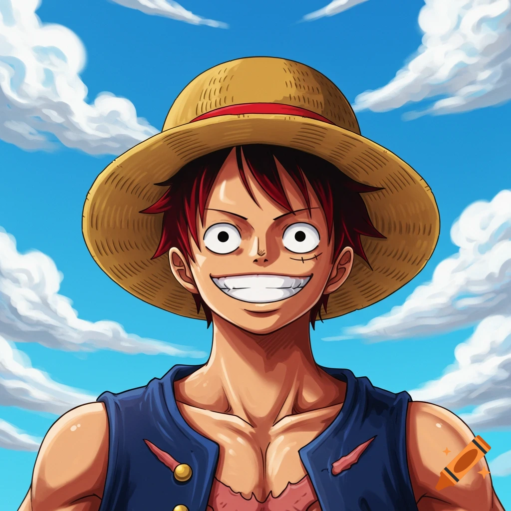 A smiling person in a straw hat and blue vest against a cloudy blue sky.