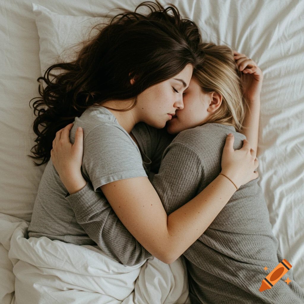Two women embrace while lying in a bed, seen from above.