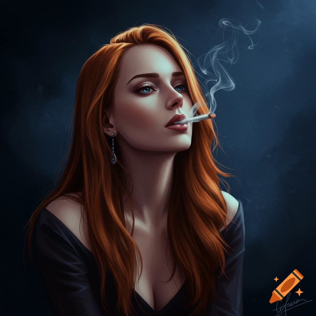 Portrait of a woman with red hair smoking a cigarette.