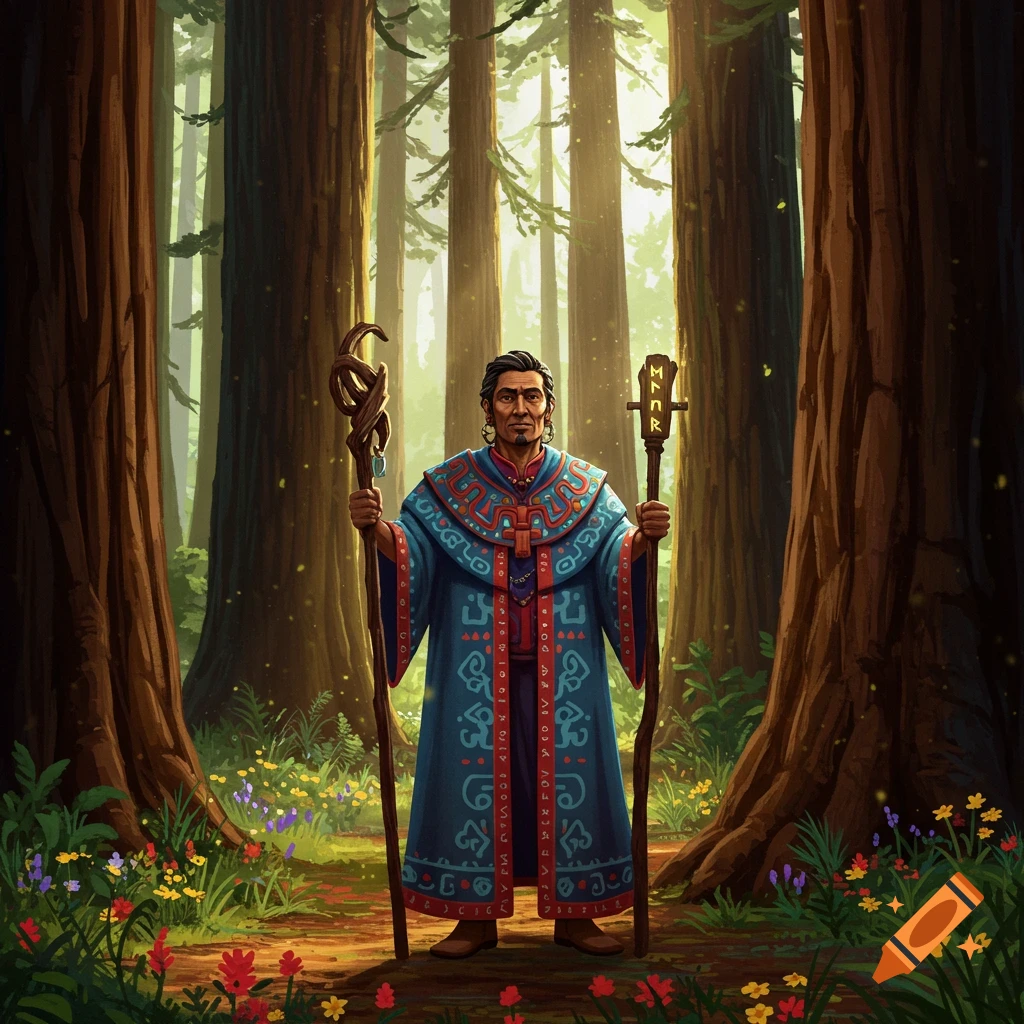 A man in an ornate robe holds two staffs in a sunlit redwood forest.