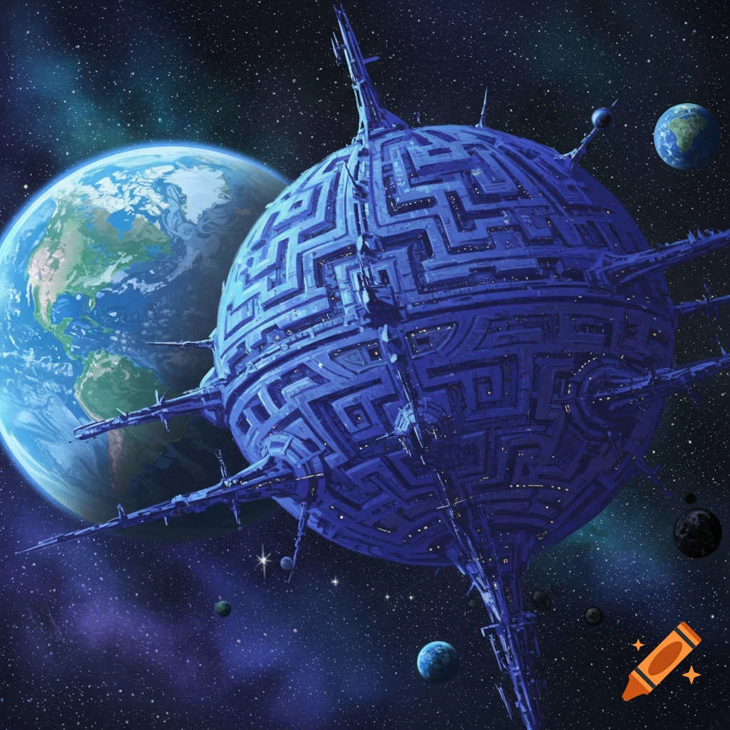 A large blue sphere space station with spikes orbiting Earth in space.