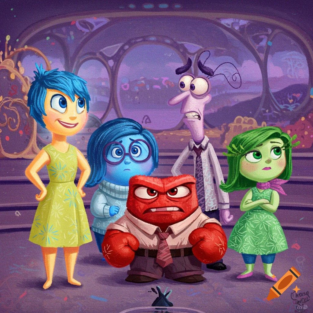 Joy, Sadness, Anger, Fear, and Disgust from Inside Out stand in Riley's mind.