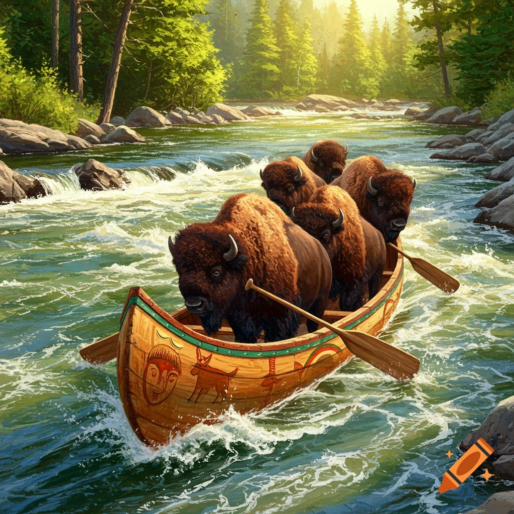 Several bison paddling down a river in a canoe.