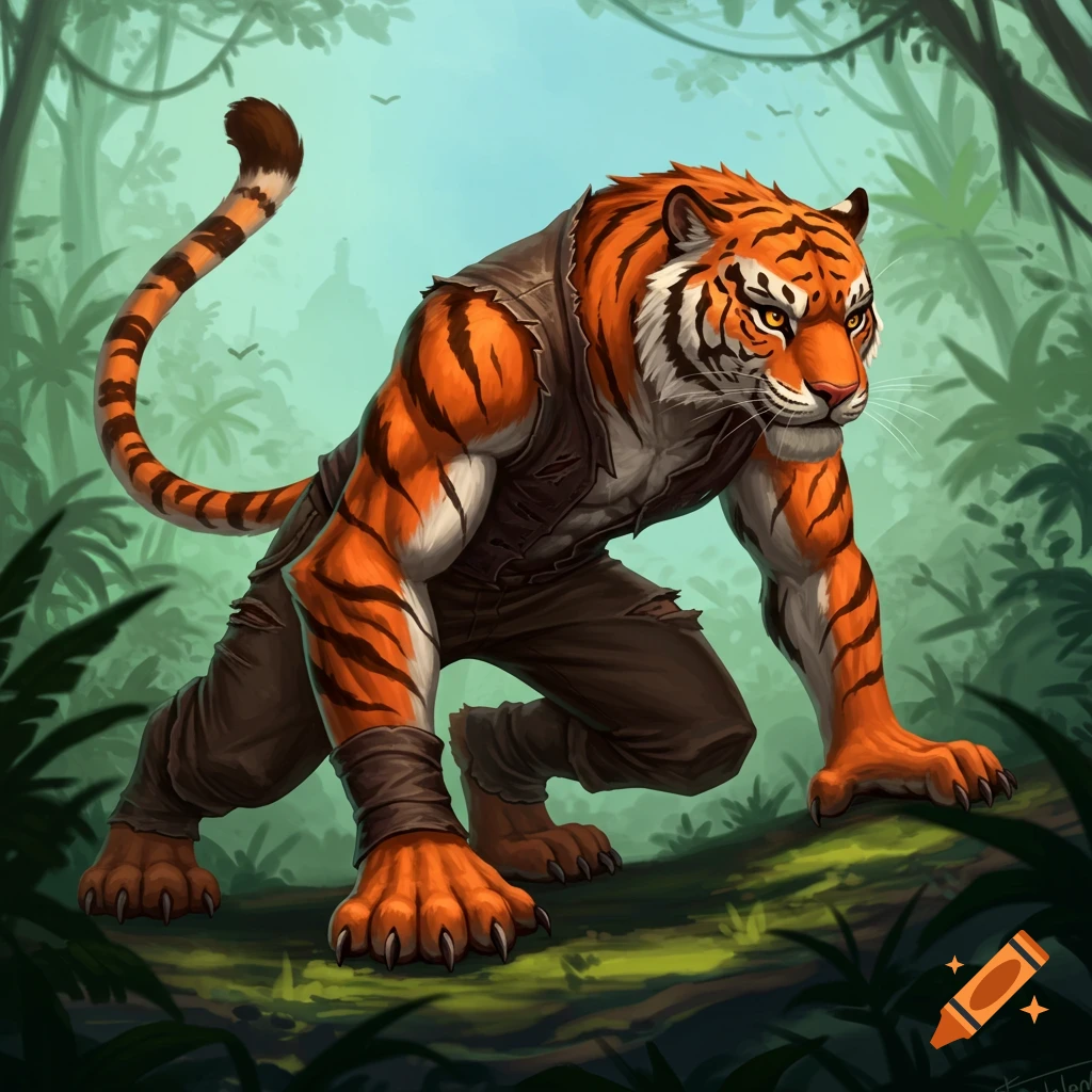 An anthropomorphic tiger crouching in a jungle.