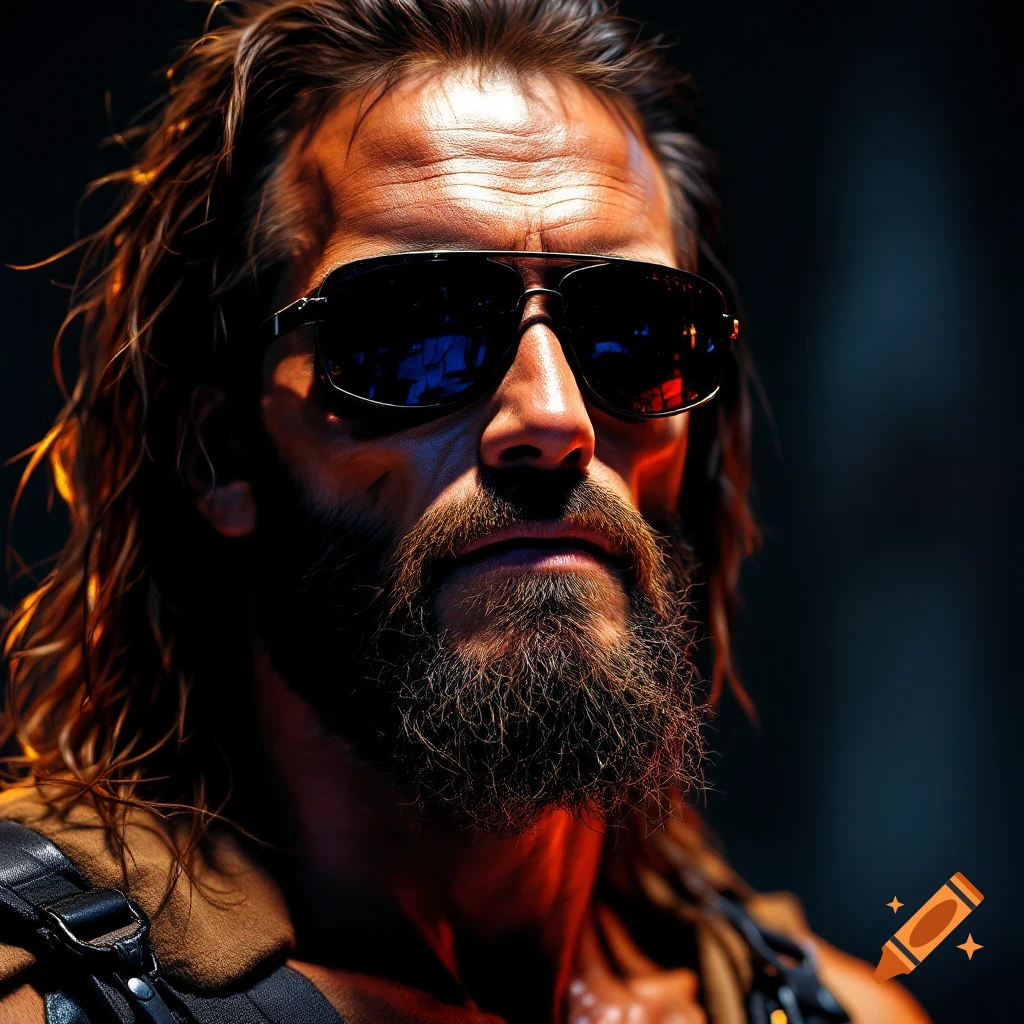 Close-up portrait of a man with long hair and beard wearing sunglasses.