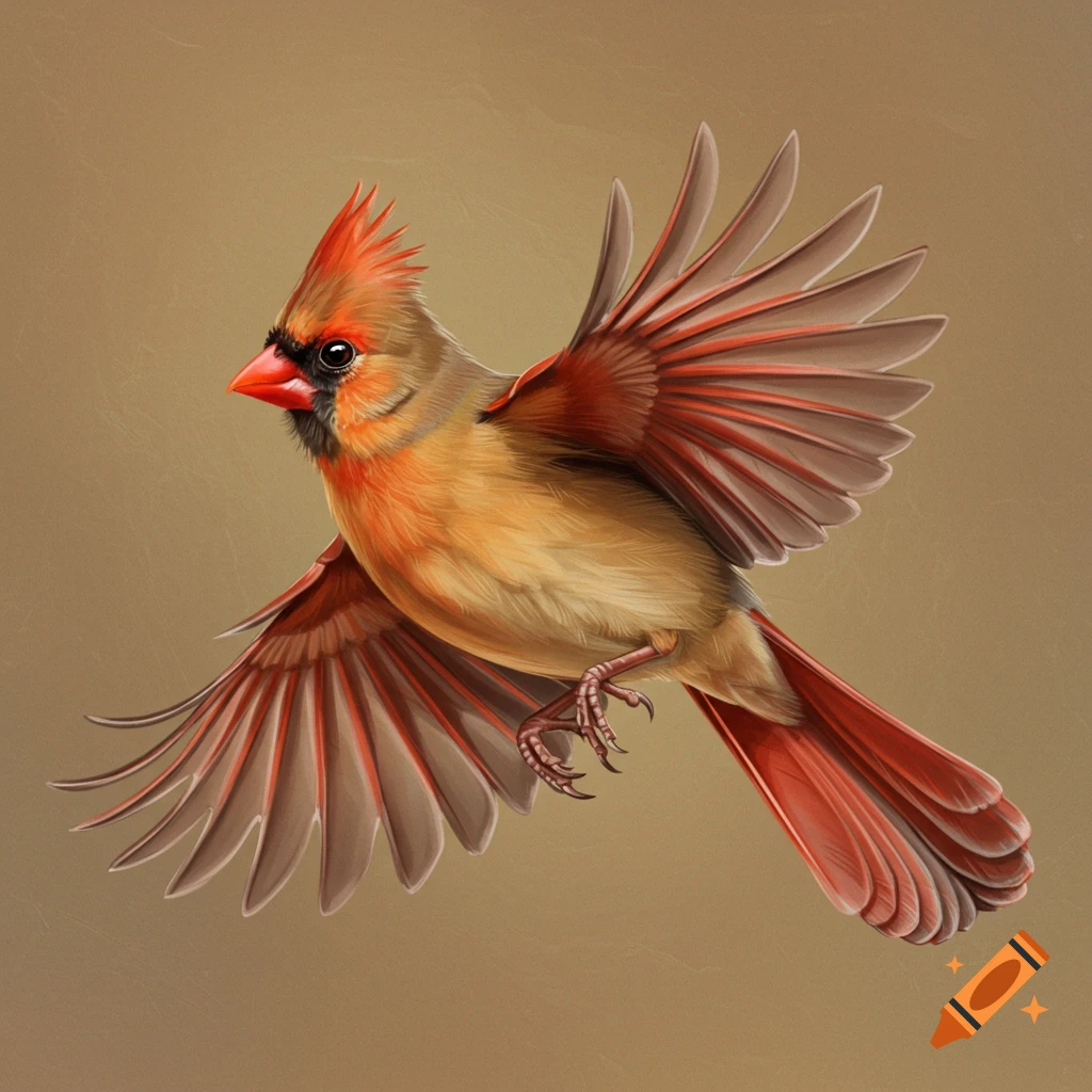A female cardinal in flight against a brown background.
