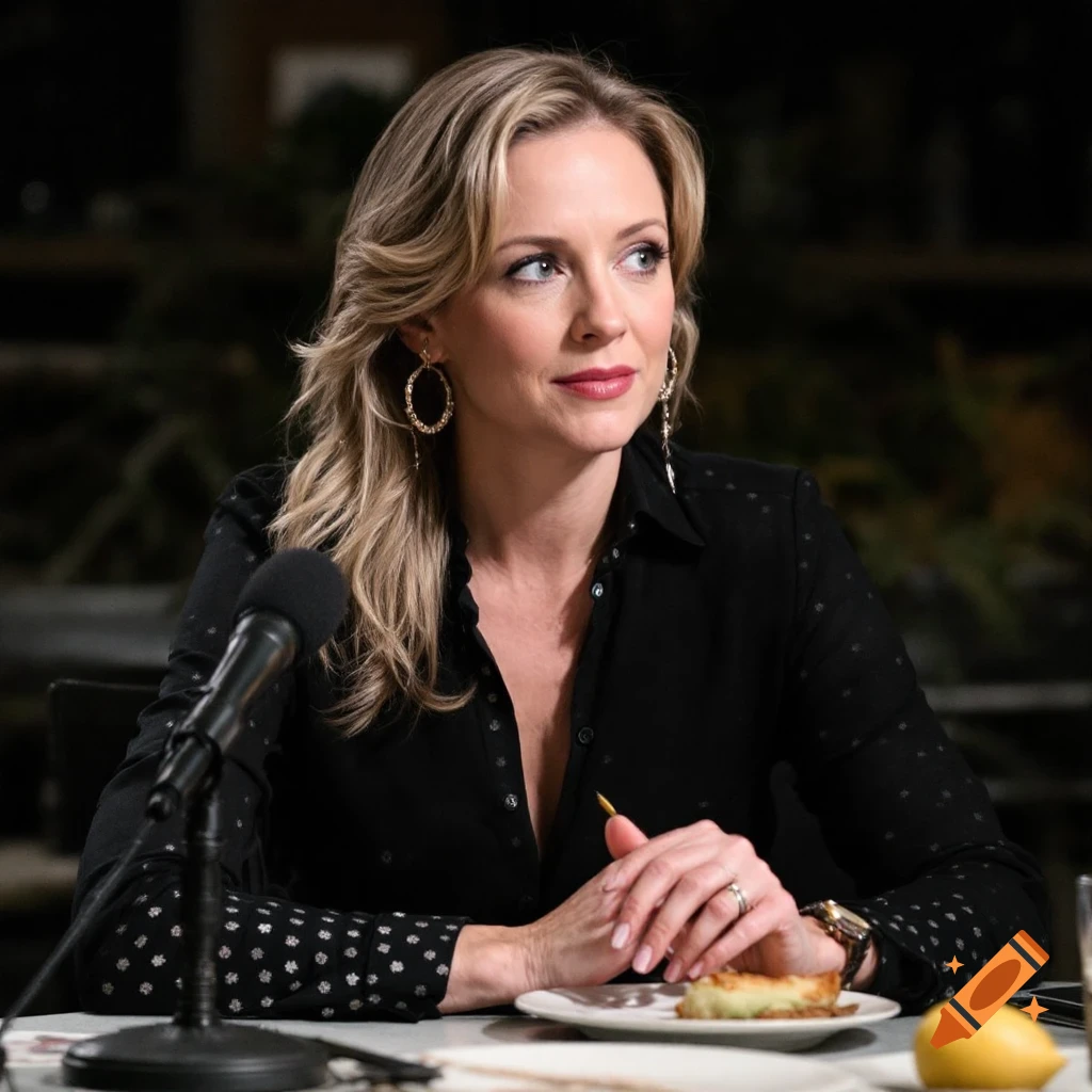 Woman with blonde hair sits at table with microphone and food, looking away