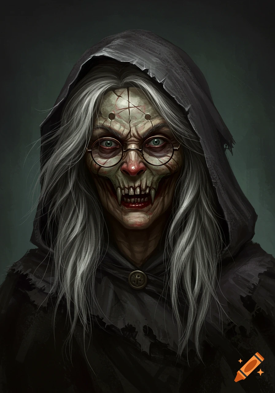Skeletal old woman in a hooded cape and glasses with long gray hair.