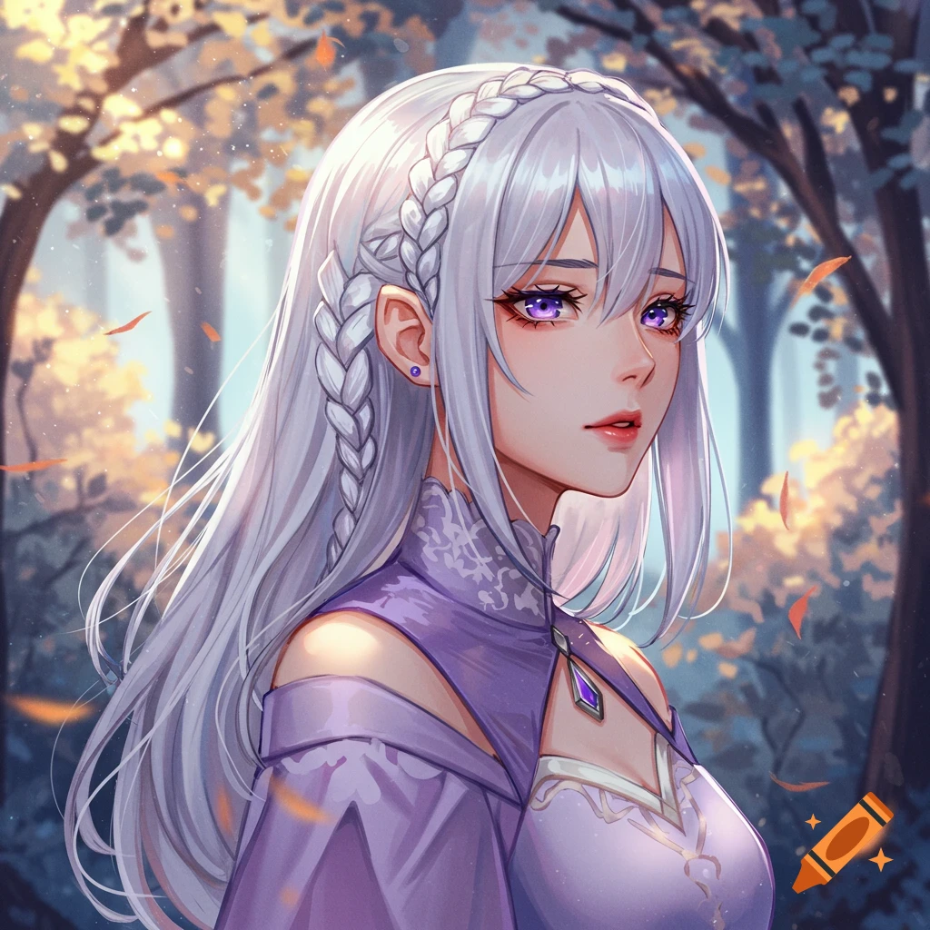 A woman with silver braided hair and purple eyes wears a purple dress in an autumn forest.
