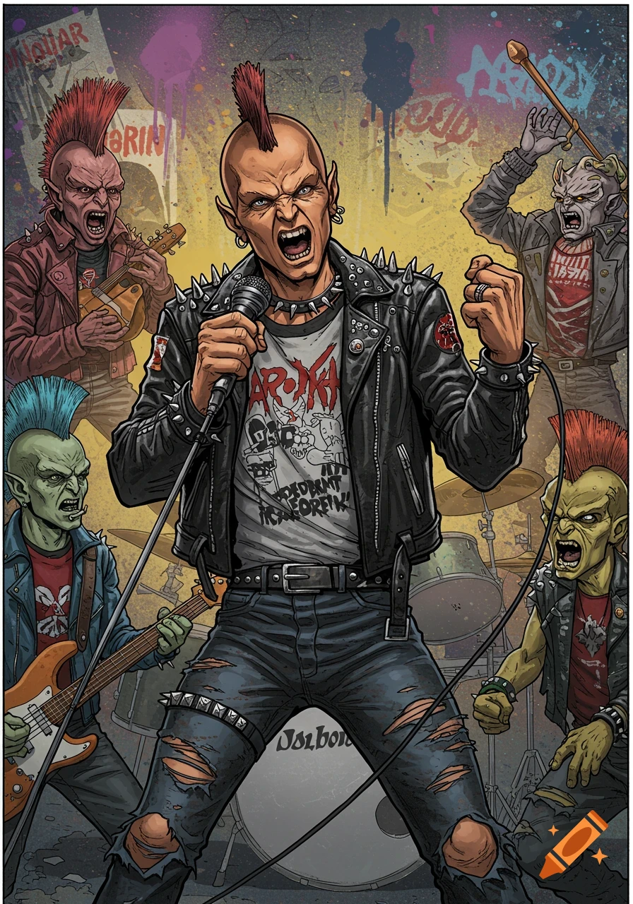 A punk band of fantasy creatures playing music.