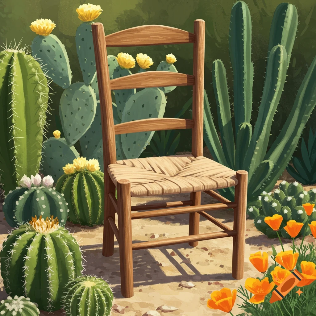 A wooden chair with a woven seat sits among cacti and orange flowers.