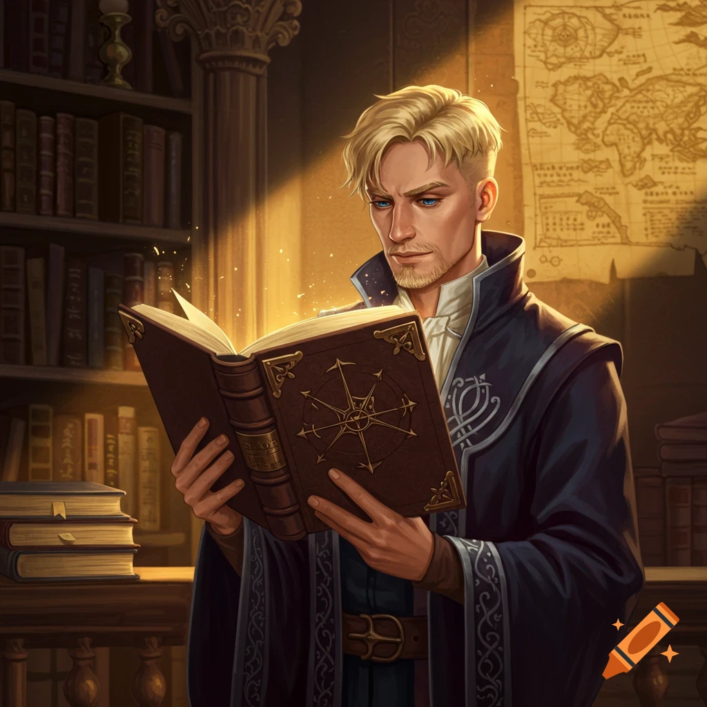 A blonde wizard reading a magical book in a library.