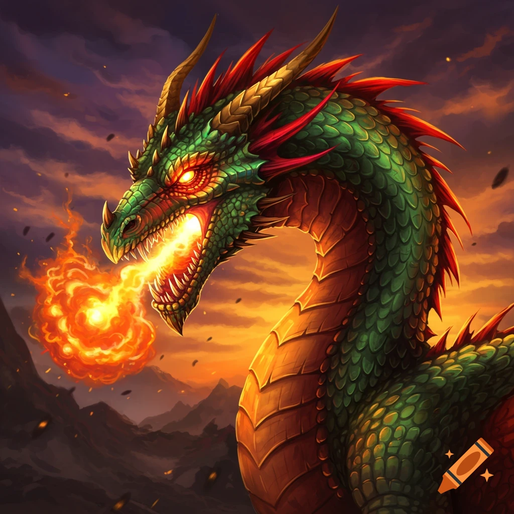 Green and red dragon breathing fire.