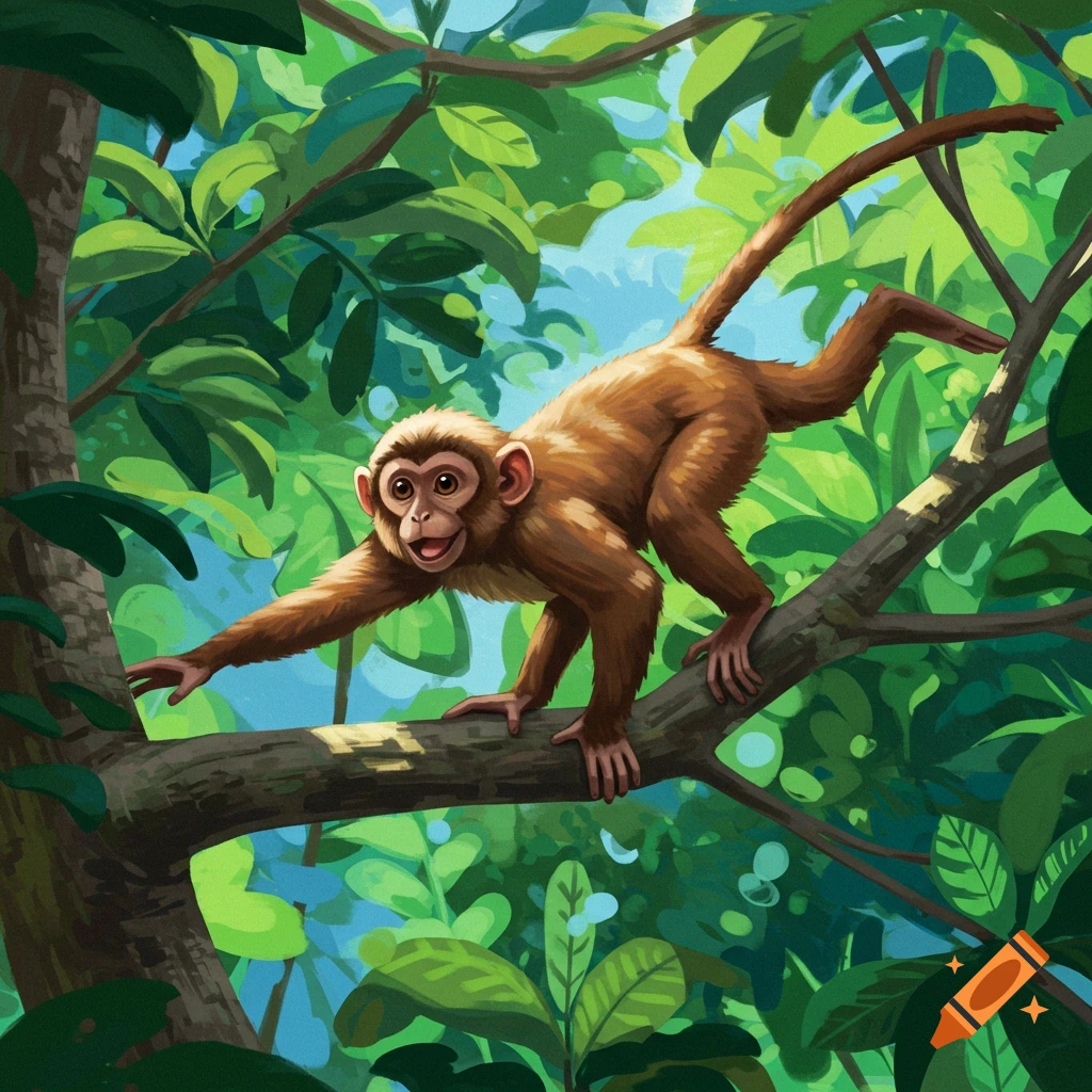 A monkey is sitting on a branch in a jungle.