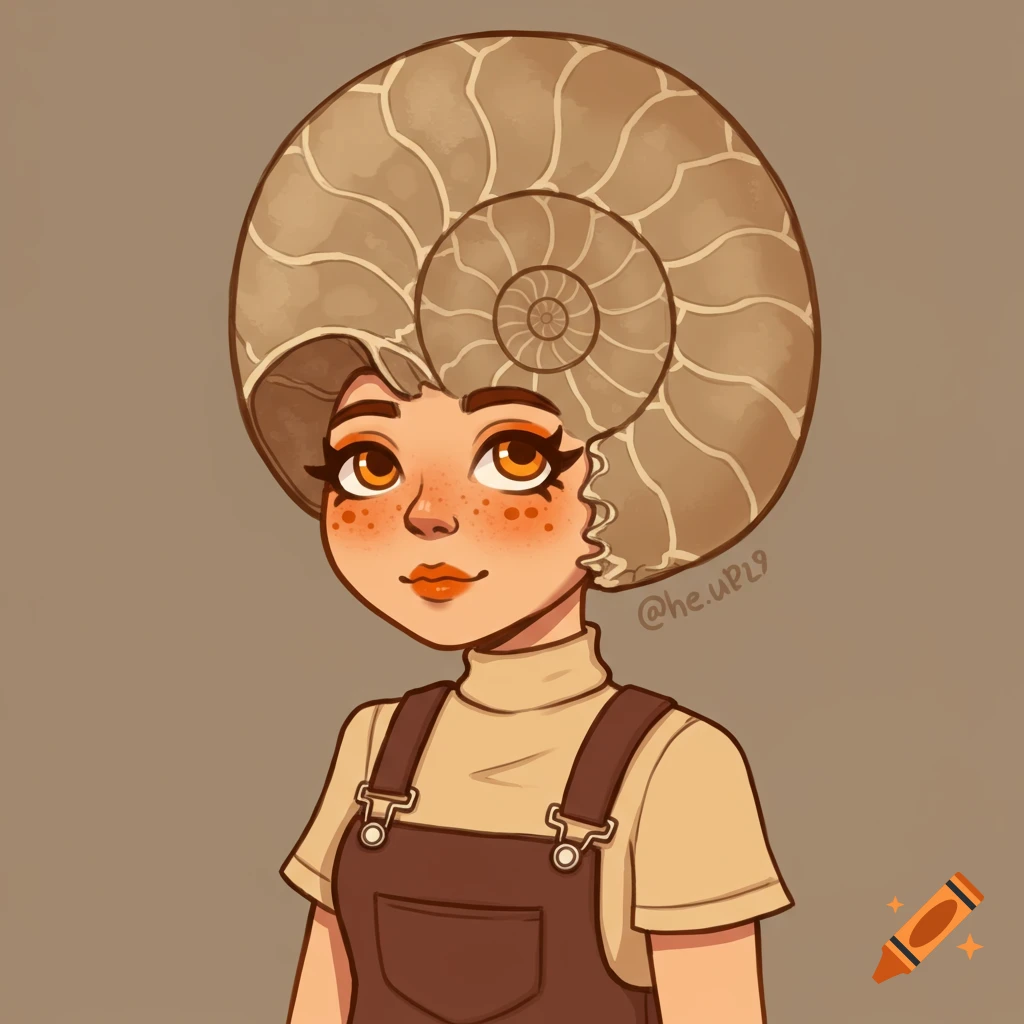 Cartoon girl with ammonite shell hair, wearing overalls
