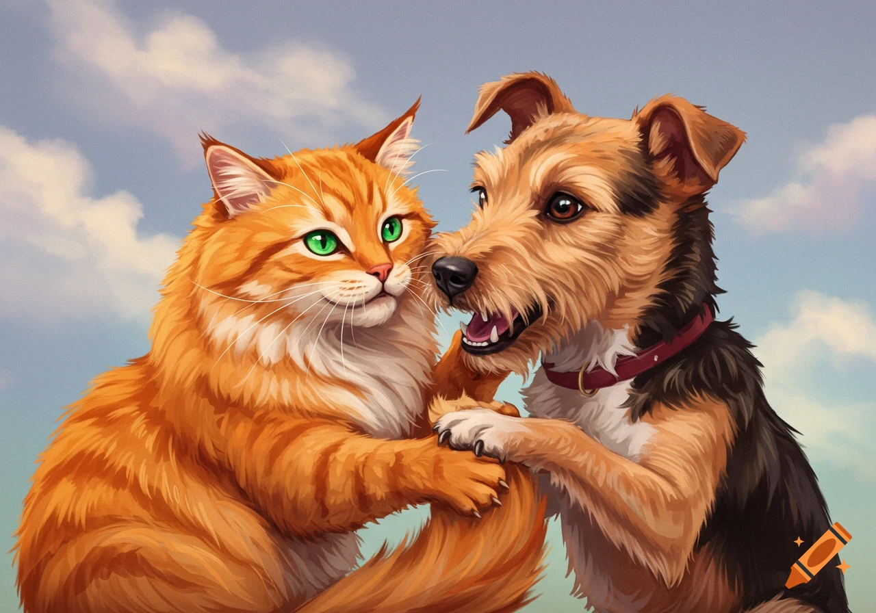 An orange cat and a brown dog holding paws against a cloudy sky.