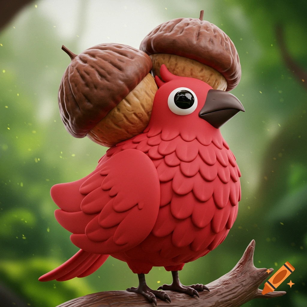 A 3D rendered red bird balancing two large acorns on its head, perched on a branch in a forest.