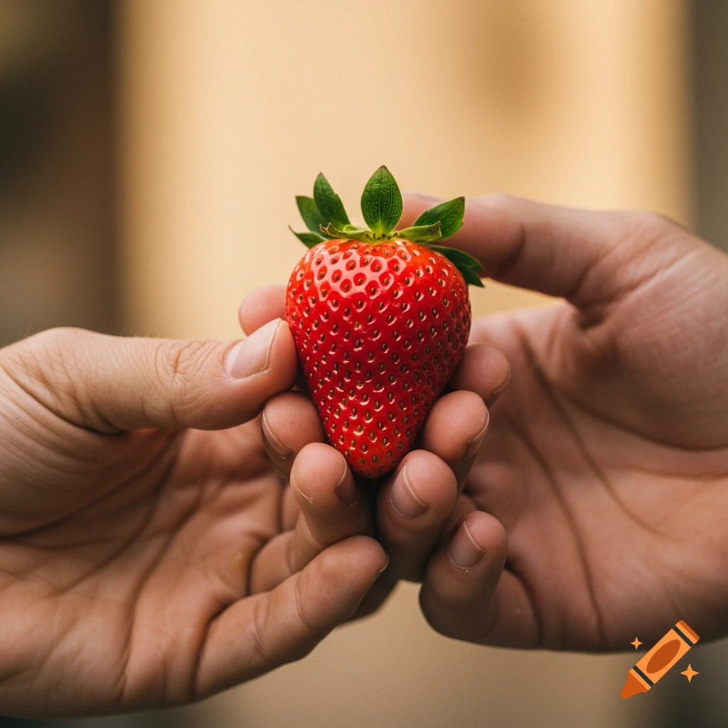 Two hands holding a bright red strawberry