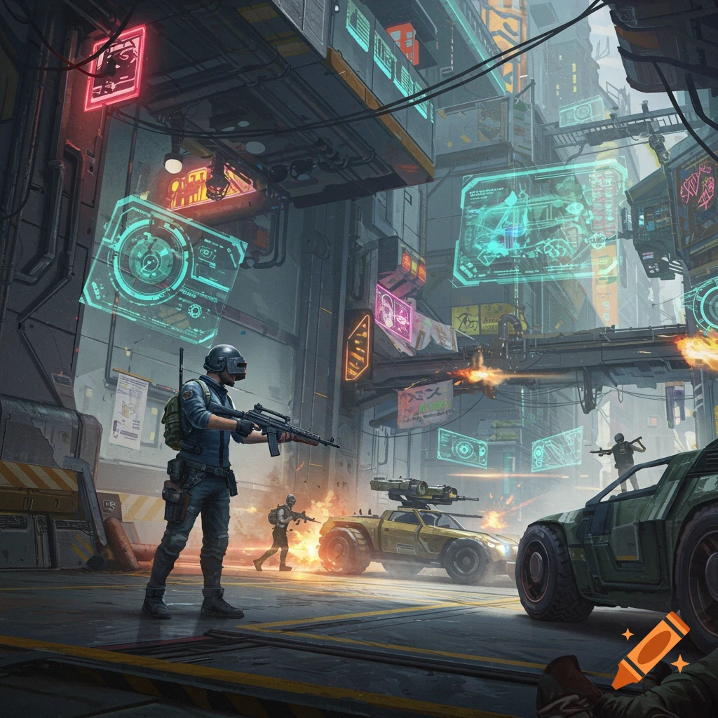 Soldiers are in a cyberpunk city street during combat, with military vehicles and holographic displays.