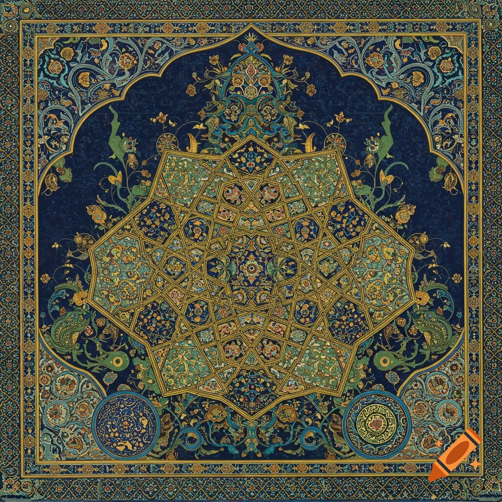 Intricate square Persian geometric and floral pattern in blue, gold, and green.