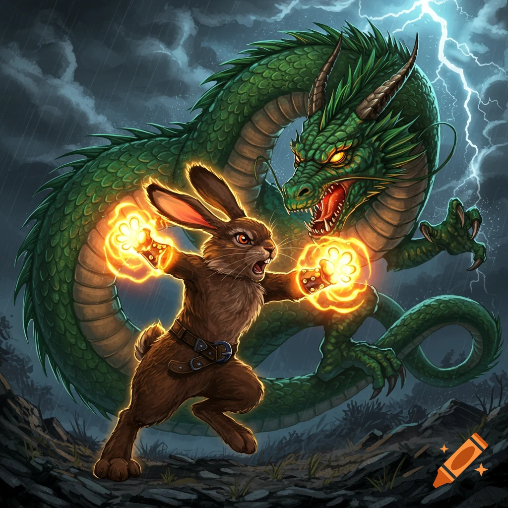 A powerful rabbit fires energy blasts at a roaring green dragon under a lightning-filled sky.