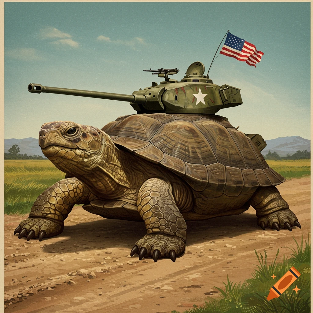 A large turtle carries a tank with an American flag on its back through a landscape.