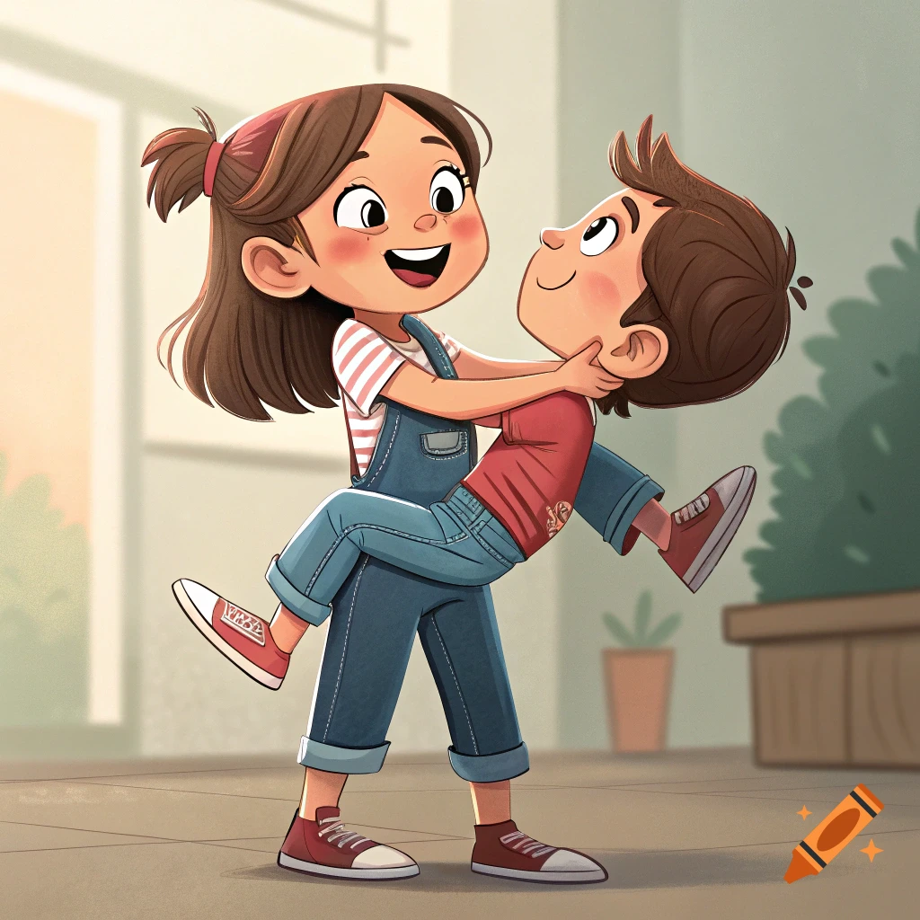 Cartoon illustration of a girl in overalls lifting a boy in a red shirt, both smiling.