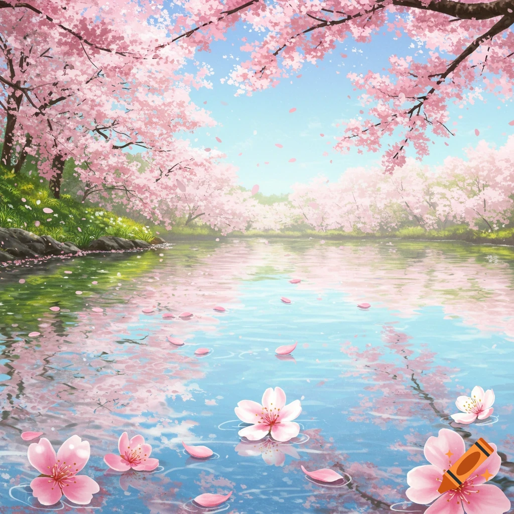 Cherry trees blooming over a lake with pink petals floating on the water.