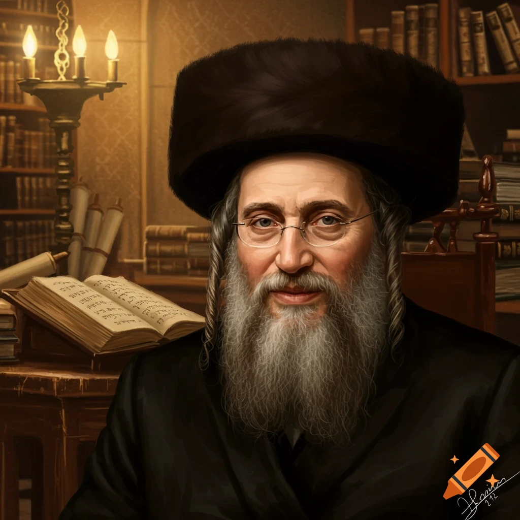 Portrait of a rabbi with a long beard and fur hat in a library setting with books