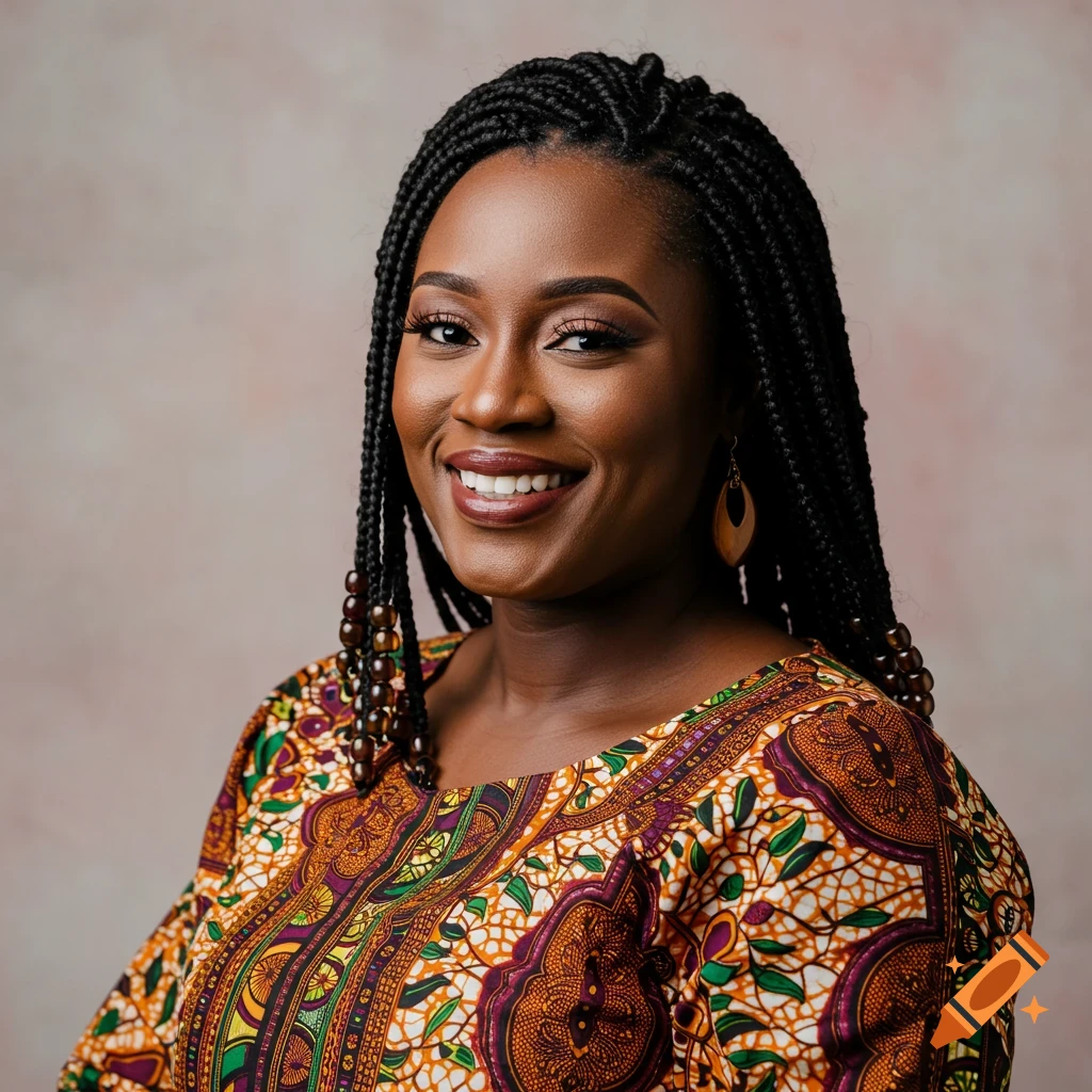 A smiling woman with braided hair wears traditional African clothing.