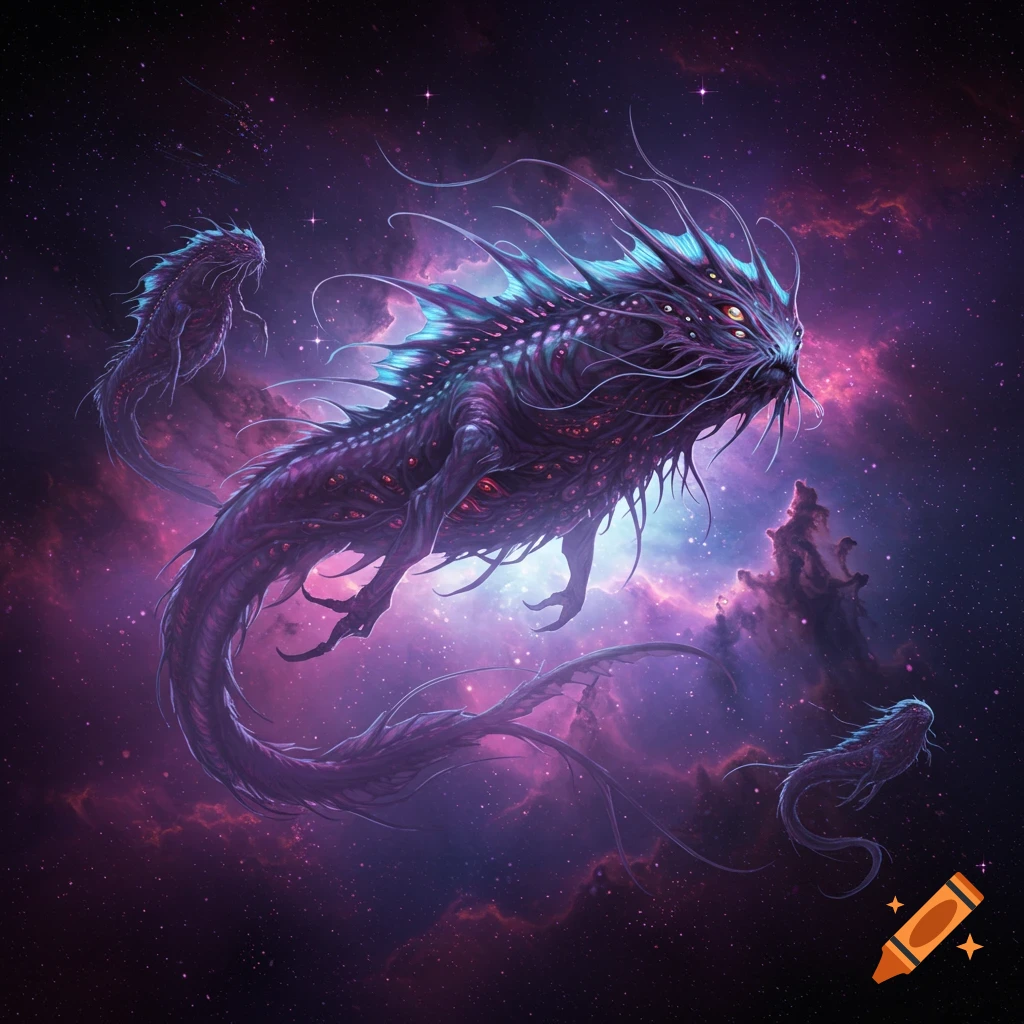 Giant multi-eyed space creatures with tentacles swimming through a nebula