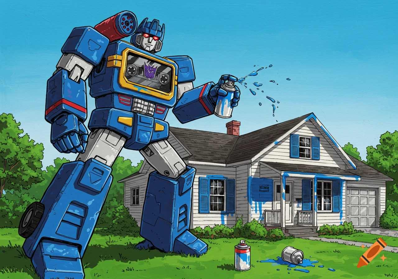 Cartoon illustration of the Transformer Soundwave painting a suburban house blue with a spray can.