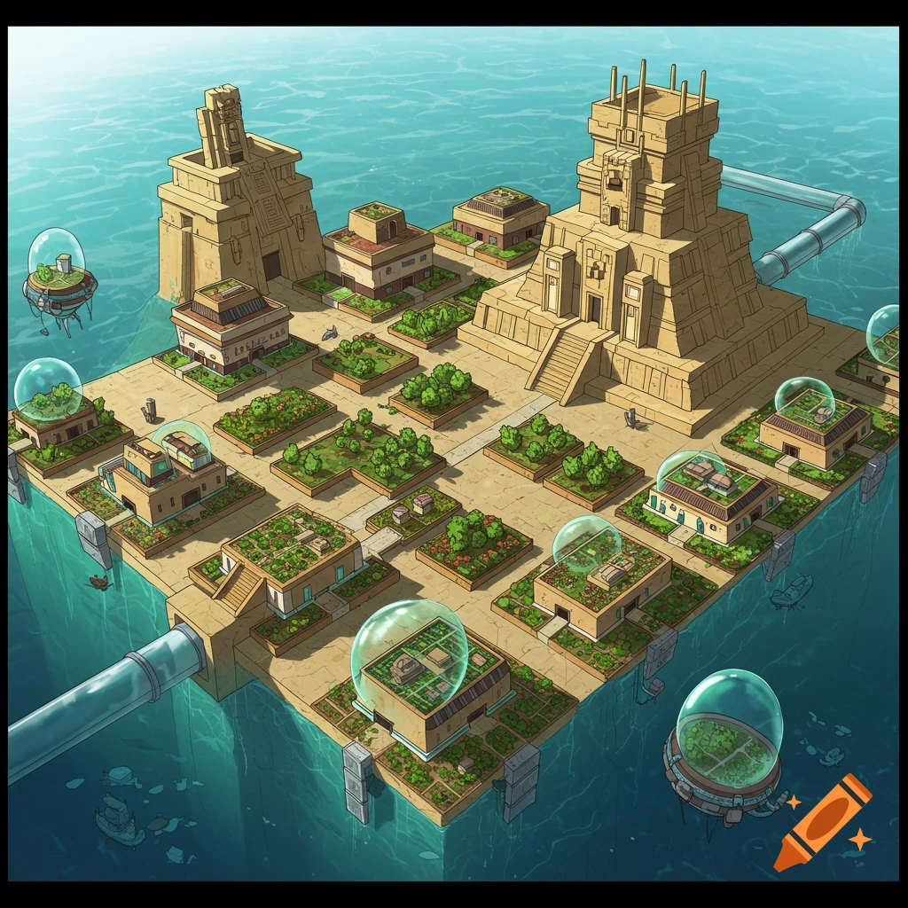 A futuristic Aztec-inspired floating city underwater, featuring temples, houses with bubble domes, and gardens.