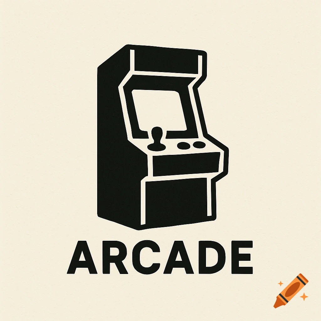 Black and white logo of an arcade cabinet with ARCADE text below.