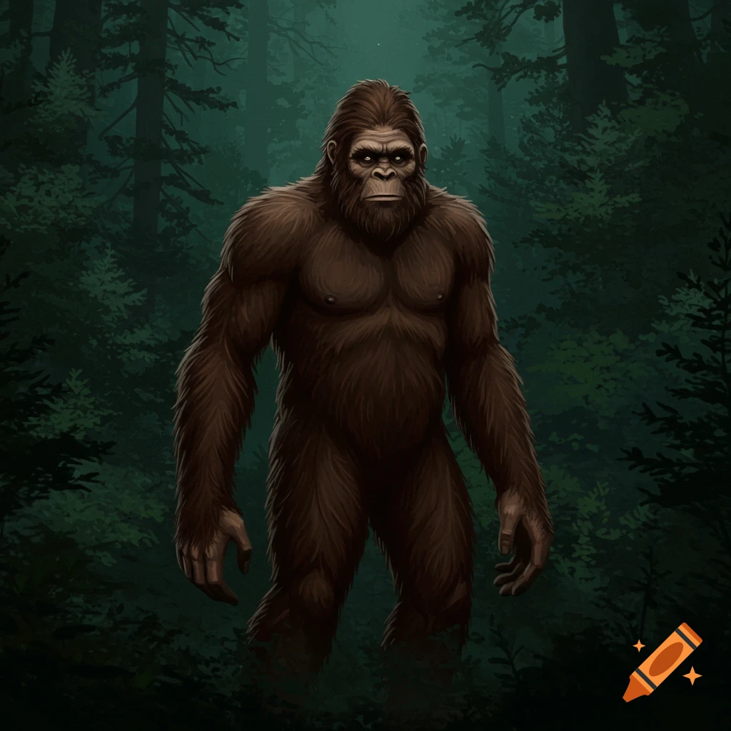 A large, brown, hairy Sasquatch standing in a dark forest.